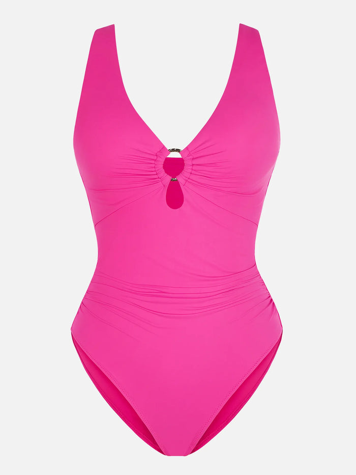 Feelingirl Deep V Metal Ring Ruched Sculpting Swimsuit