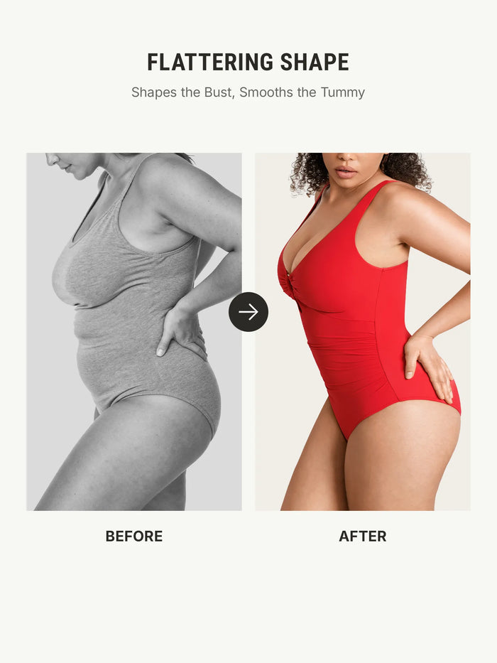 Everenza Coco Sculpt One-Piece Swimsuit — Deep V-Neck – Rust Red